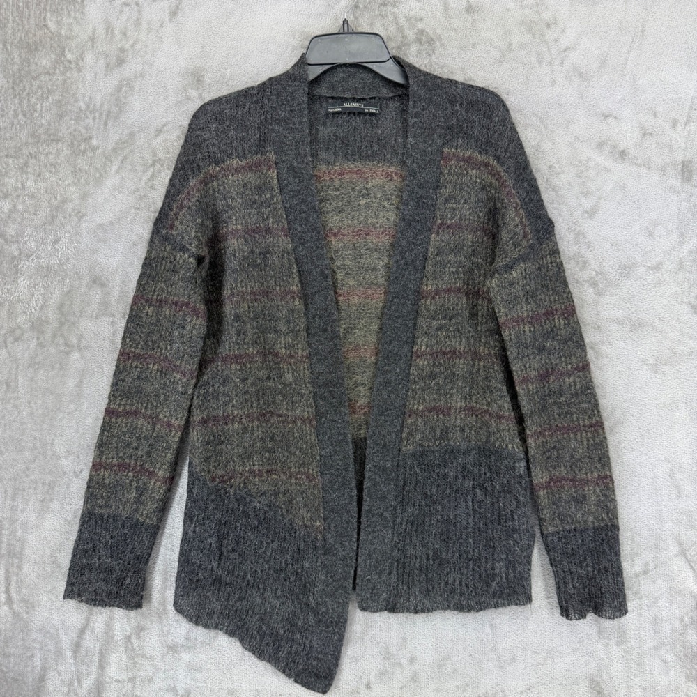 AllSaints Kaff Cardigan Womens‎ S Mohair Wool Striped Asymmetrical Grey WK196F